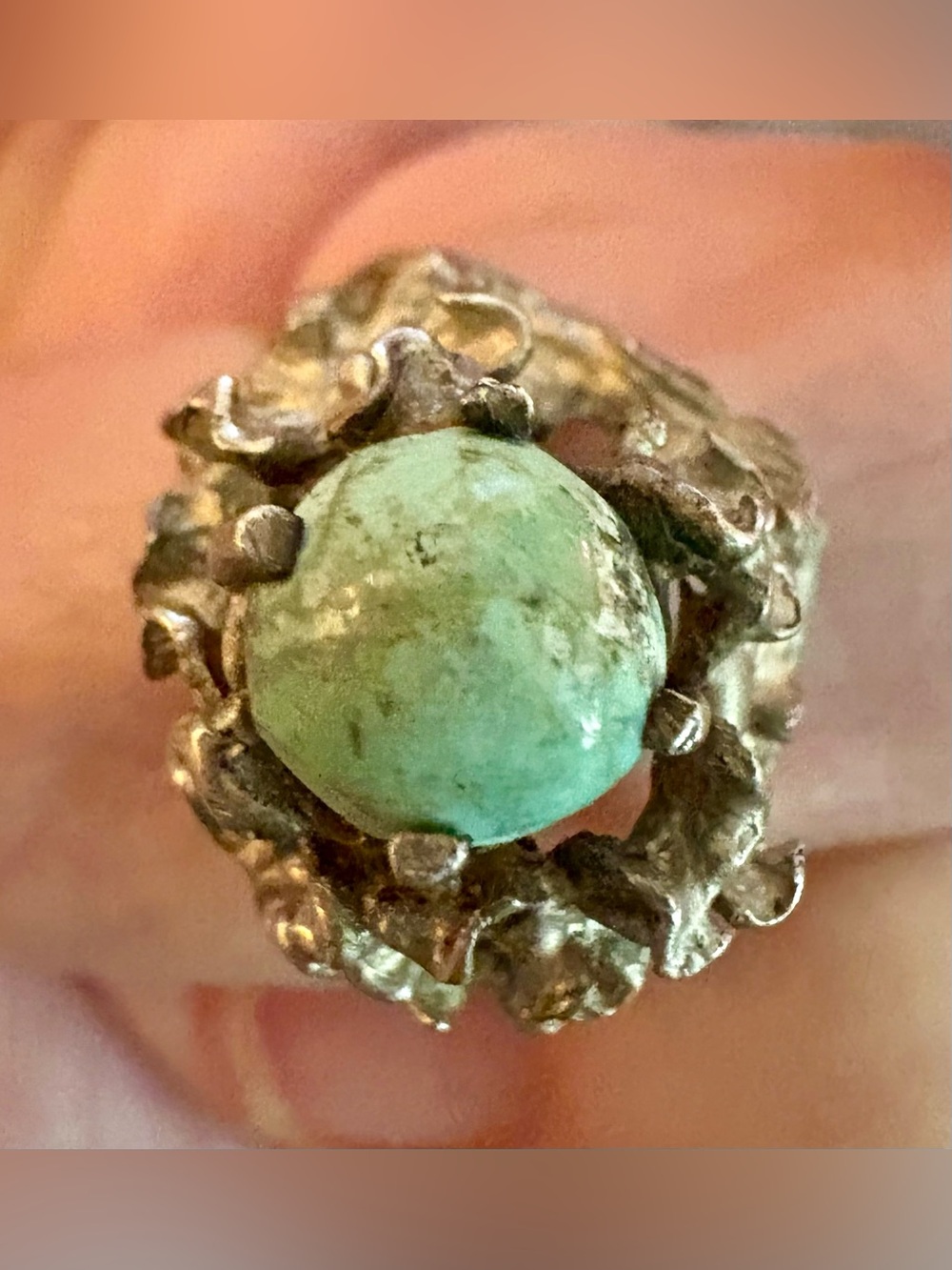 Sterling Silver vintage Brutalist Ring with Green Turquoise Cabochon sz 5